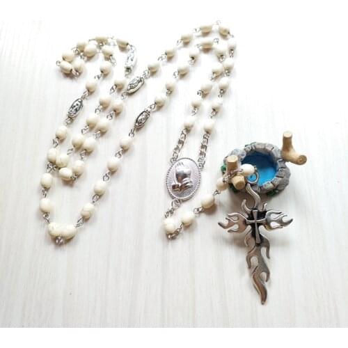 QIGO Religious Pray Jewelry White Stone Cross Pendant Rosary Necklace For Men Women Gifts