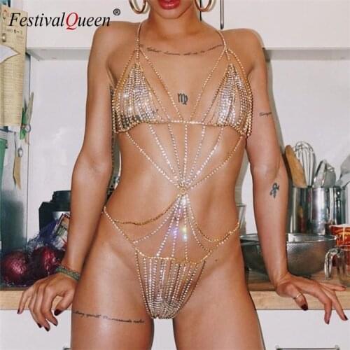 2020 Shiny Crystal Rhinestone Bikini Body Chain Women Diamante Bra Sexy One Piece Nightclub Festival Rave Underwear Body Jewelry