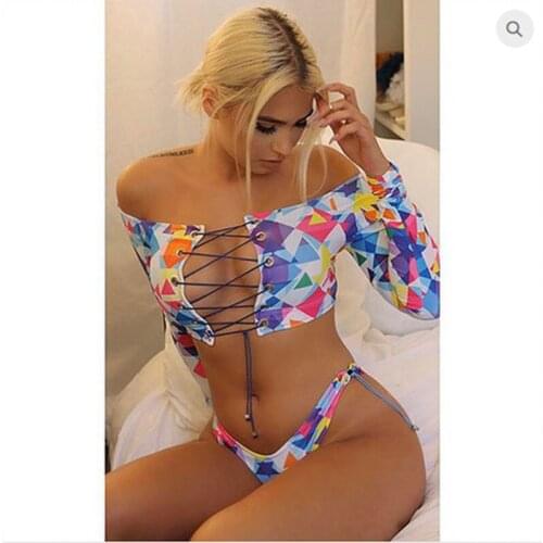 Sexy Women Two Piece Bikini Set Long Sleeve Off Shoulder Swimwear Bandage Lace Up ladies Swimsuit Bathing Suit Swimsuit