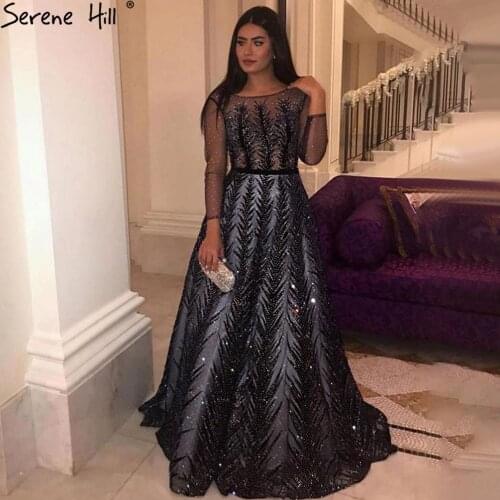 Serene Hill Navy Blue Muslim Velvet Evening Dresses Gowns 2021 Beaded Luxury A-Line For Woman Party LA71078