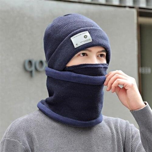 Men Beanies Hat 3 Pcs Set Women Knit Plush Hat With Ring Scarves Mask Male 2020 Winter Man Solid Cap Scarf Adult Accessorie