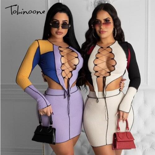 Tobninoone Lace Up Ribbed Patchwork Autumn Skirt Suit Hollow Out Clothing Women Two Piece Set Long Sleeve Party Night Club Wear
