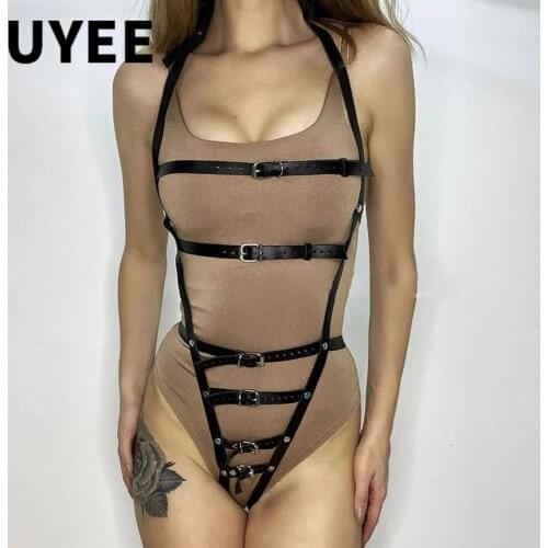 UYEE Woman Full Body Lingerie Bondage Harness Belt Gothic Sexy Chest PU Leather Garter Top Thigh Harness Nightclub Exotic Strap