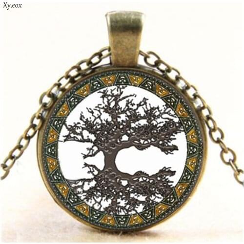 Vintage Tree Of Life Cabochon Glass Bronze Chain Pendant Necklace Jewelery