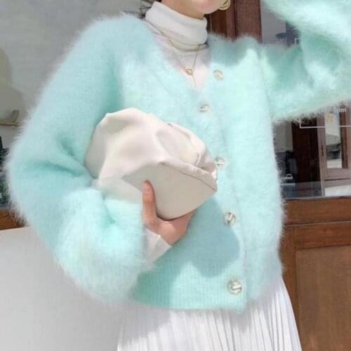 WEIHAOBANG 2021 Mink Womens New Small Fragrance Thickened Warm Mink Cardigan Lantern Sleeve Knitting Sweater Coat