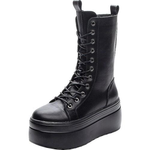 20cm 2021 Super Thick Sole Chunky Heel Shoes Boots Ankle Mid Calf Knee Leather High Boots Zipper Spring Autumn Booties