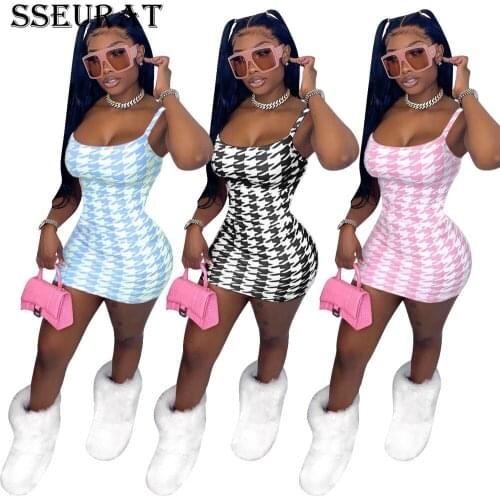 SSEURAT Women Dress Lattice Print Spaghetti Strap O-neck Sheath Elastic Mini Dresses Fashion Sexy Outfit Summer