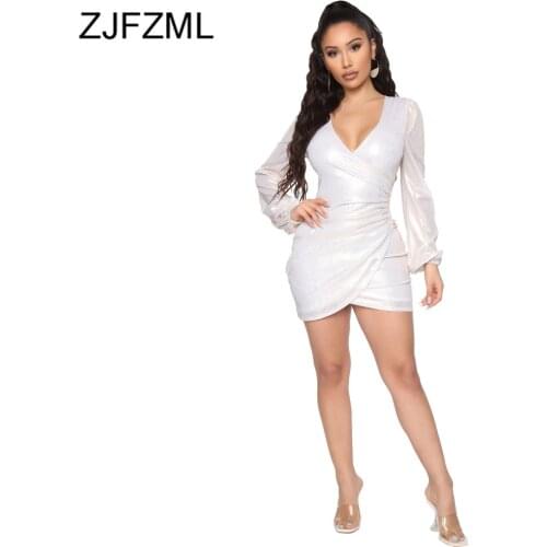 Shiny Bronzing Ribbed Elegant Bandage Dress Women Sexy Deep V Neck Long Sleeve Ruched Dresses Vintage High Waist Slim Fit Dress