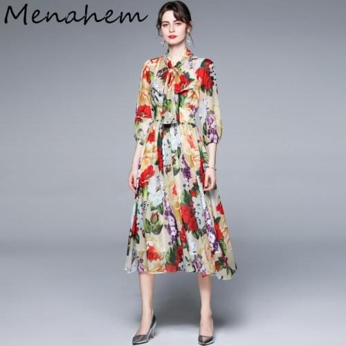 Menahem Runway Summer Chiffon Dresses 2021 Womens Lantern Sleeve Bow Collar Elegant Rose Floral Printed Beach Boho Long Dresss