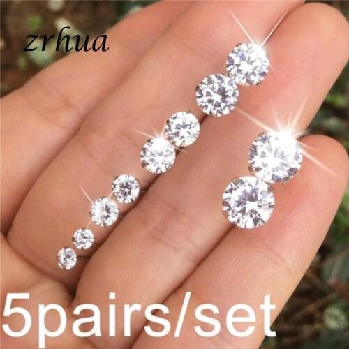 ZRHUA Classic 10PCS/5Pairs Pack Set Brincos Mixed Size Stud Earrings For Women Ear Studs Sparkly Zircon Jewelry Wholesale