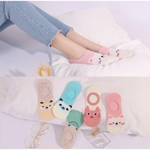 5 Pairs/lot Summer new Women Socks Japanese cute cartoon animal boat socks ladies socks shallow mouth non-slip silicone female