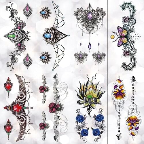 Gemstone Butterfly Flower Lace Waterproof Temporary Tattoo Sticker Lotus Forest Flash Tattoos Body Art Fake Arm tatoo Women