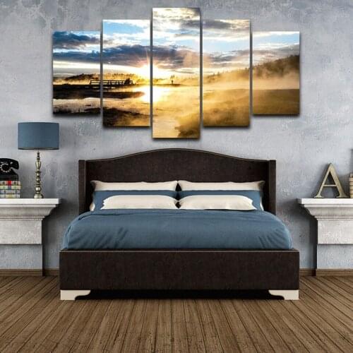 Canvas Wall Art Pictures Modern Unframed Living Room 5 Pieces Sunrise Lake Woods Sand Landscape Home Decor HD Print Poster Paint