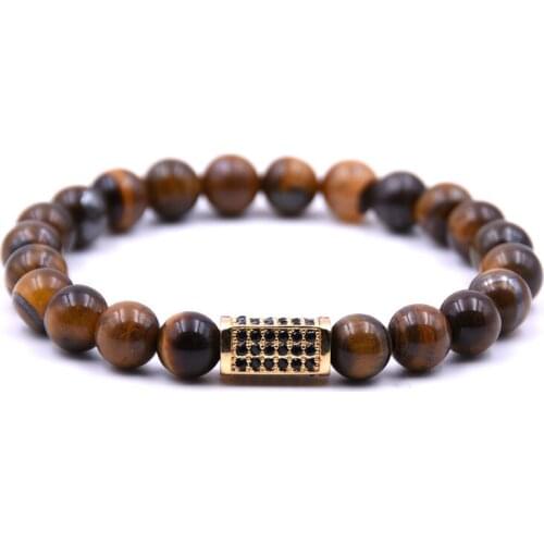 KANGKANG Hot Selling Brown natural stone Bracelet Micro-inlay Zirconia 4 color Quadrangular prism 8mm Elastic Rope Bead Bracelet