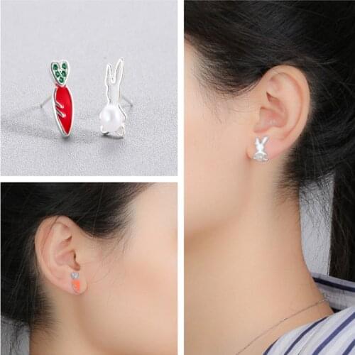 Kinitial Fashion Rabbit Stud Earrings For Women Girl Ear Jewelry Lovely Animal Pearl Bunny Crystal Carrot Earrings Birthday Gift