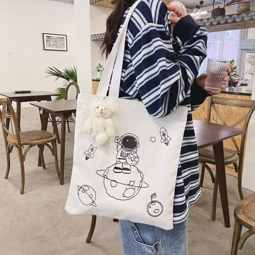 Korean Casual Tote Bag Canvas Bag For Women 2021 New Shoulder Bag Planet Astronaut Print Handbag Shopper Bag Bolsa Feminina