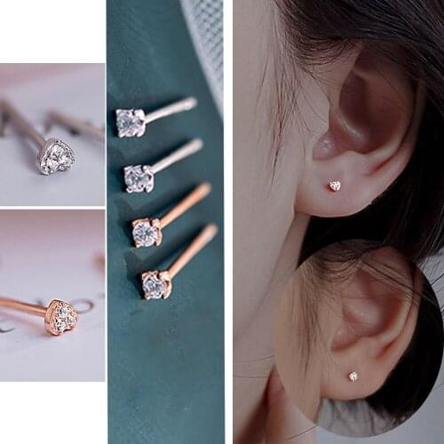 Tiny Round Heart AAA Zircon Crystal Stud Earring In Sterling Silvers or Rose Golds Simple Dainty Studs Jewelry for Women / Men