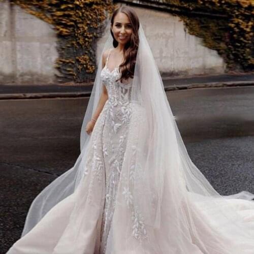 Retro Lace Detachable Train Wedding Dresses 2021 Spring Spaghetti Style Mermaid Bridal Gowns Sexy Backless Wedding Robe Vestidos