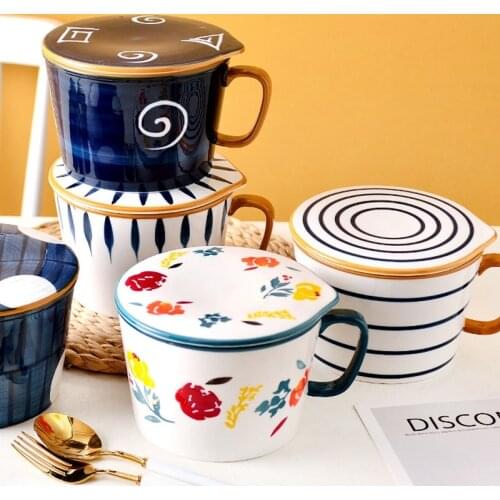 NHBR Instant Noodle Bowl Household Soup Bowl Japanese Hand PAinted Creative Instant Noodle Bowl with Handle