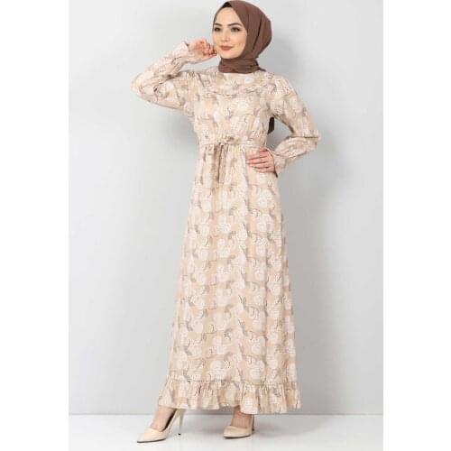 Desenli Fırfırlı Elbise TSD2817 Bej