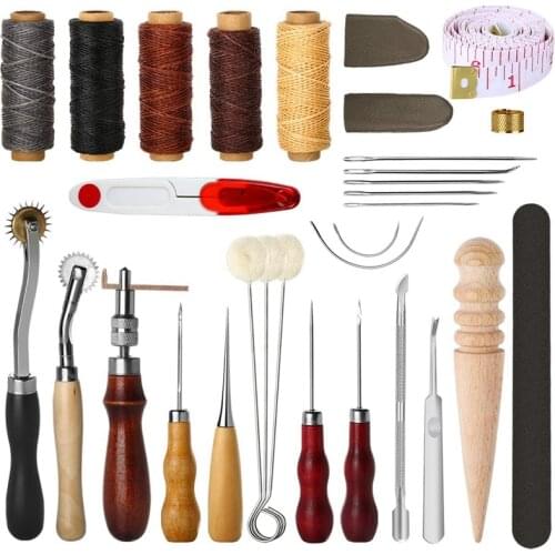 CNIM Hot 31 Pcs Leather Sewing Tools Diy Leather Craft Tools Hand Stitching Tool Set With Groover Awl Waxed Thread Thimble Kit