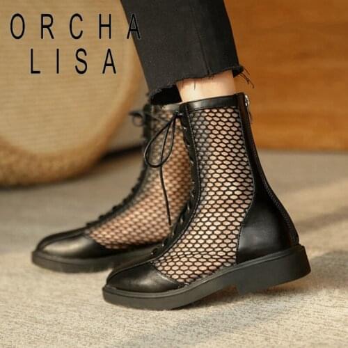 ORCHA LISA New 2021 Women Ankle Boots Round Toe 3cm Block Heels Mesh Patchwork Lace-Up Zip Cool Breathable Big Size 43 A3618