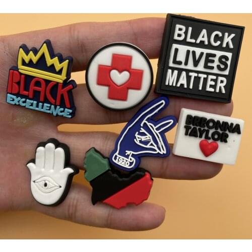 Single Sale 1Pcs Slipper Accessories Charms Love Peace Refuse To Discriminate For Kids Party Xmas Gifts PVC Material 5P-5L-3