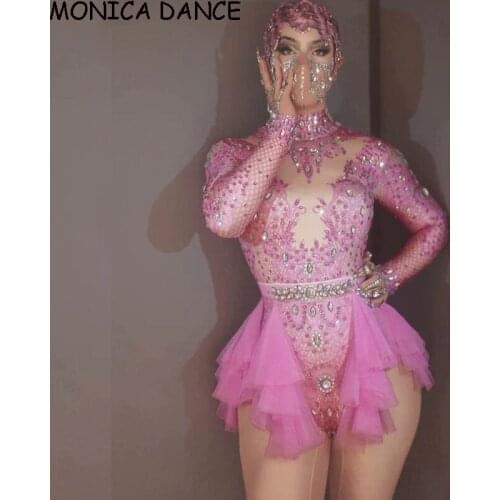 Sexy Pink Rhinestone Party Bodysuit Women Elastic Tights Mesh Ruffles Crystal Bodysuit Nightclub Dancer Leotard Stage Bodysuit
