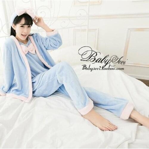 Winter cartoon thickening coral fleece pajamas long-sleeve four pieces set flannel pajama sets casual sleepwear female lounge