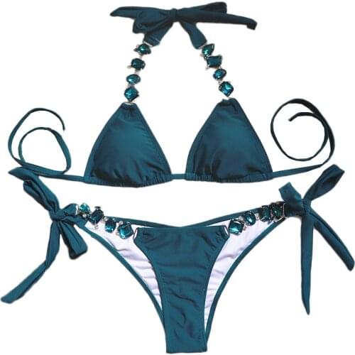 Quanss Luxury Rhinestone Swimwear Women 2021 New Sexy Thong String Bikini Set Summer Bathing Suit Beach Wear 2 Piece Swimsuit