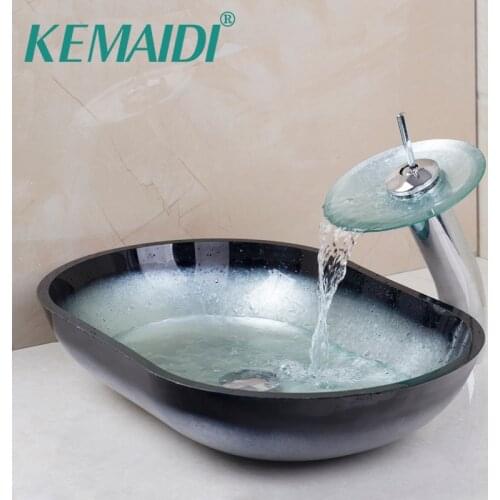 KEMAIDI Oval Hand Paint Colorful Wash Tempered Glass Basin Sink With Brass Chrome Faucet Tap Mixer Set With Pop Up Drain