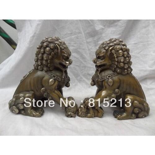 Wang 00062 8" China Bronze Protect Sculpture JiXiang Foo Fu Dog Lion Ball Statue Pair