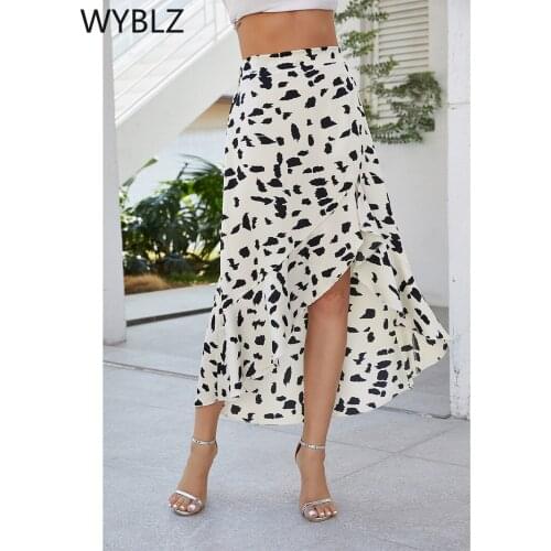 WYBLZ Womens Long Skirts High Waist Leopard Floral Ruffle Midi Clothes Summer Casual Ladies Black Asymmetrical Slit Zipper Skirt