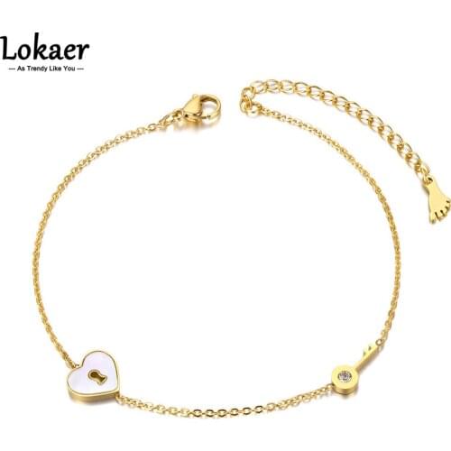Lokaer Bohemia Heart Lock & Key Charm Anklets For Women 14K Gold Stainless Steel White Shell Foot Jewelry Bijoux Femme A21018