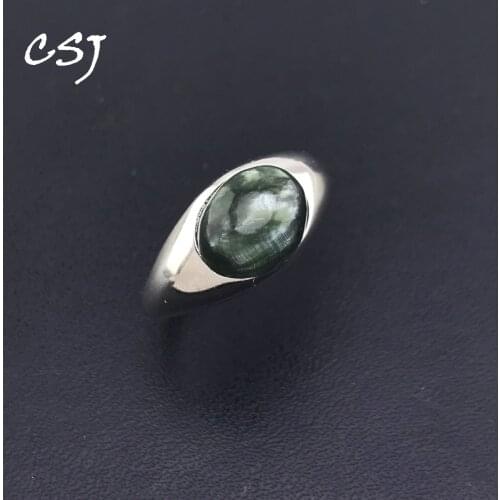 CSJ Natural Green Seraphinite Rings Sterling 925 Silver Charoite Gemstone for Women Lady Jewelry Party Gift