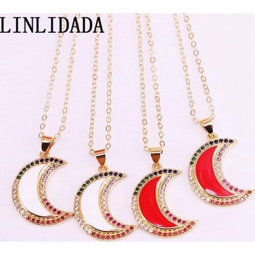 8Pcs Fashion Jewelry Rainbow CZ Micro Pave Metal Enamel Crescent Moon Women Charm Pendant Necklaces