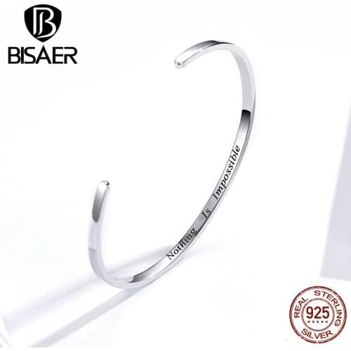 Cuff bangles BISAER 925 sterling silver nothing is impossible women cuff bangles bracelets for women brave silver jewelry ECB160
