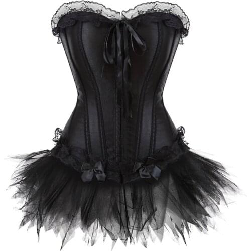 Women Black Burlesque Corset Dress Steampunk Waist Trainer Overbust Corsets Sexy Lingerie Bustier Top With Mini Skirt Set