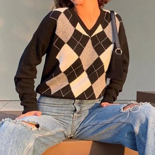 Vintage New Autumn Sweaters Women Casual Plaid Argyle V Neck Jumpers Long Sleeve Winter Knitwear Pullover