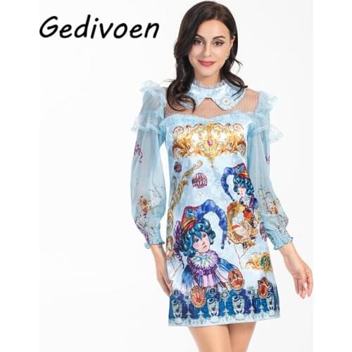 Gedivoen Runway Designer Summer Party Cartoon Print Short Dress Womens Long Sleeve Spliced Ruffles Loose Waist Fashion Dresses