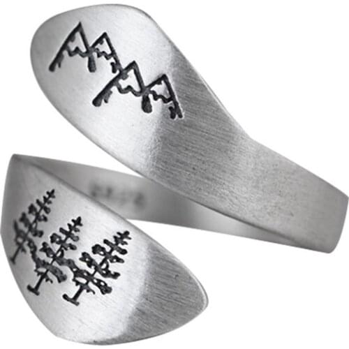 S925 Silver Retro Fashion Mountain Tree Pattern Ring Womens Open Adjustable Ring