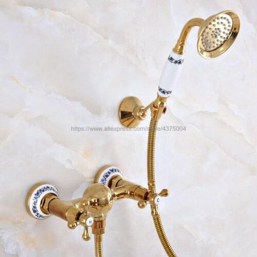 Gold Color Brass Wall Mounted Bathroom Shower Faucet Mixer Tap With Hand Shower Sprayer Mixer Tap Nna971