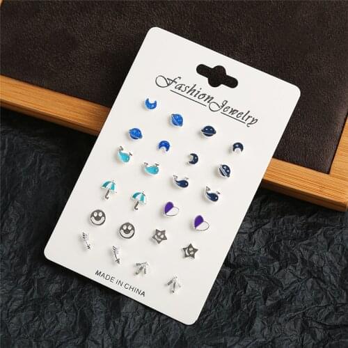 12 Pairs/set, 2020 New Fashion Earrings for Women Cute Whale Earth Moon Silver-plated Stars Stud Earrings Jewelry HT-11271