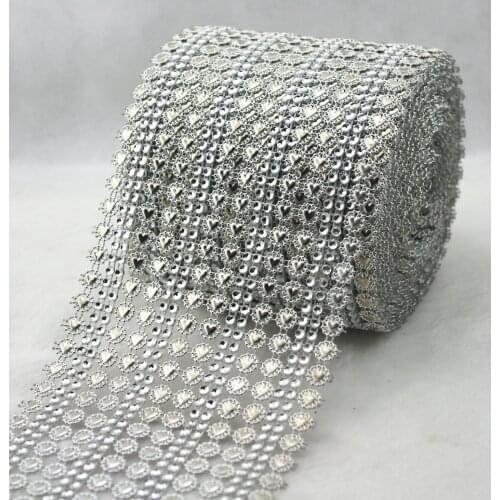 16 Row Rhinestone Mesh Ribbon Silver Heart Silver Diamante Wedding Table Wrap