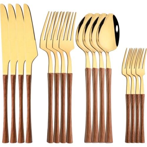 16Pcs New Wooden Tableware for Kitchen Cutlery Set Stainless Steel Dinnerware Set Glossy Gold Western Food Knife Tea Fork Spoon