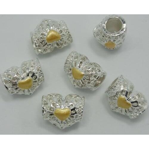 Free Shipping 50pcs gold oil-drip big hole silver plated alloy heart beads fit European bracelet charms DIY