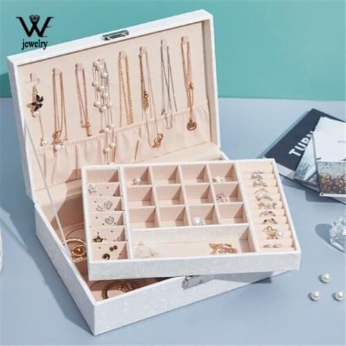 WE Large Two Layer Jewelry Organizer Box With Mirror Smooth Trendy Leather Jewelry Storage Case Display Holder with Lock