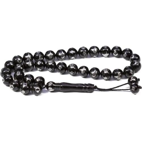 Black Raw Jet Stone Prayer Bead Men Rosary With Ottoman Tugra Embroidered Islamic Tasbih With Crescent Star Embroidered
