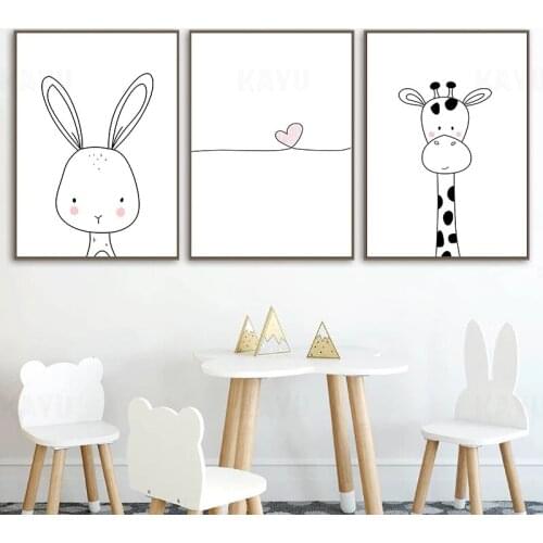 Nordic Baby Room Decoration Cartoon Animal Poster Pink Heart Canvas Art Giraffe Painting Rabbit Nursery Art Print Wall Pictures