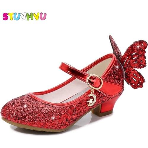 Girls High Heels Princess Kids Leather Shoes 2021 Spring and Autumn New Children Shoes Butterfly Crystal Girls Shoes Size 26-38
